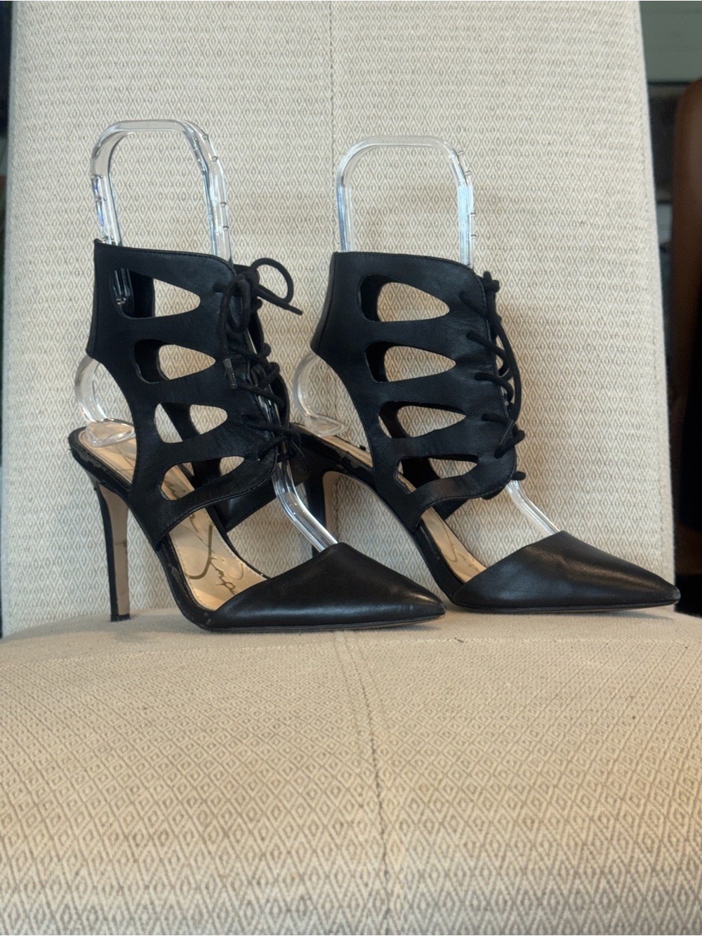 Jessica Simpson Black Lace-Up Cutout Pointed-Toe Stiletto Heels